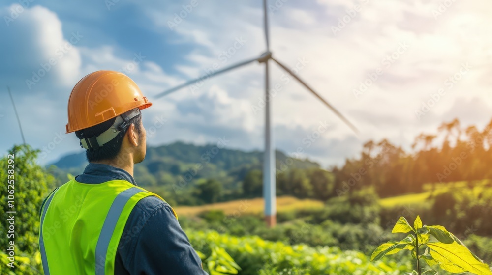 A man in a safety vest stands in front of a wind turbine A man in a safety vest stands in front of a wind turbine
