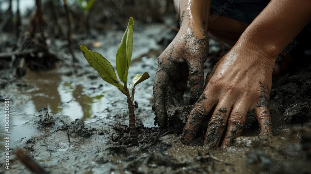 Obraz premium A person is planting a small tree in a muddy field