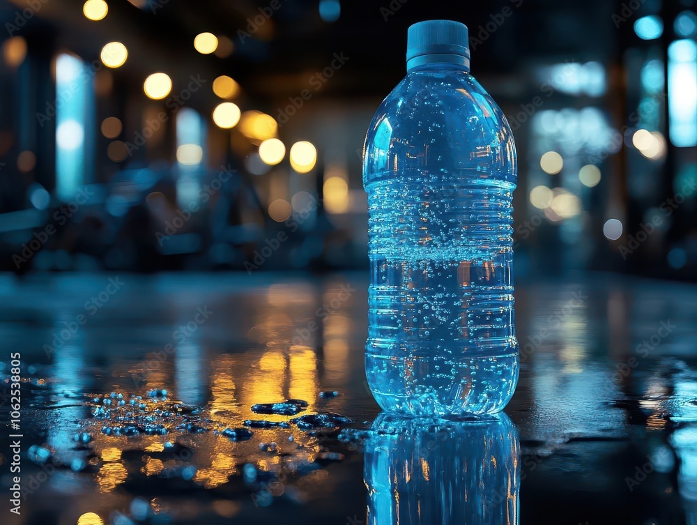 Hydration during exercise with vibrant water bottle, sleek modern gym, soft lighting, dynamic energy, realism Hydration during exercise with vibrant water bottle, sleek modern gym, soft lighting, dynamic energy, realism