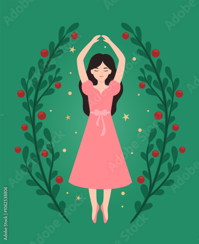 Christmas cartoon character princess ballerina. Flat vector illustration.
