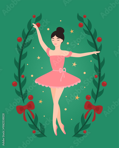 Christmas cartoon character ballerina. Flat vector illustration.