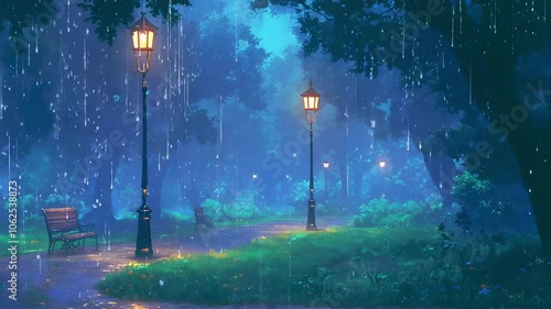 Serene Rainy Park Seamless Loop Anime Video Background