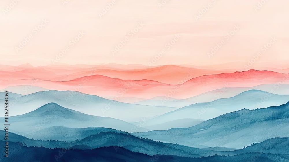 Serene watercolor landscape with soft hues of blue and pink merging in the horizon. Serene watercolor landscape with soft hues of blue and pink merging in the horizon.