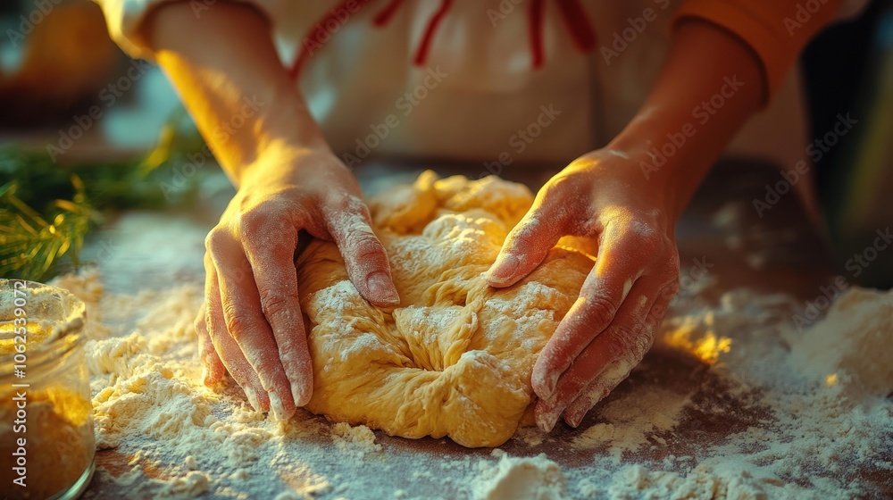 Hands kneading dough on a floured surface, preparing bread Hands kneading dough on a floured surface, preparing bread
