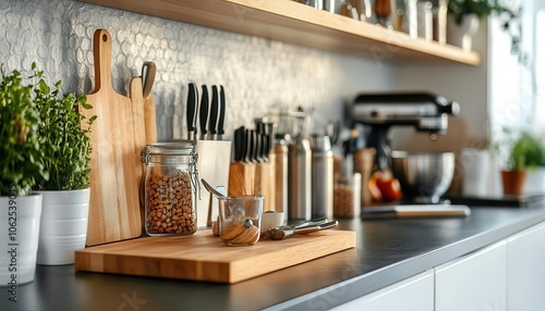 Kitchen organization tips with sleek storage solutions, vibrant tools, soft lighting, modern design, realism