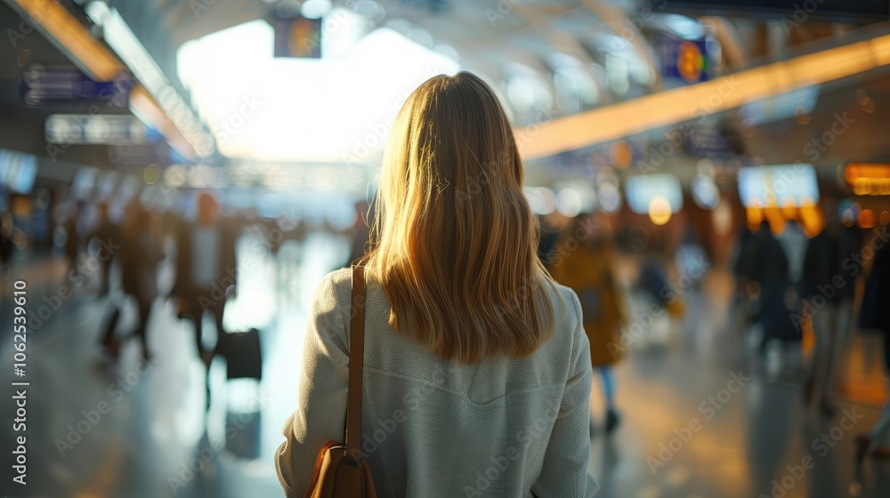 Rear view of a young woman in a busy airport terminal Blurred VIP businessman Walking in the modern hall Rear view of a young woman in a busy airport terminal Blurred VIP businessman Walking in the modern hall