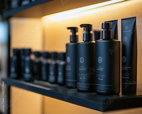 Men s grooming products on display, vibrant packaging, soft lighting, sleek modern bathroom, high detail photo