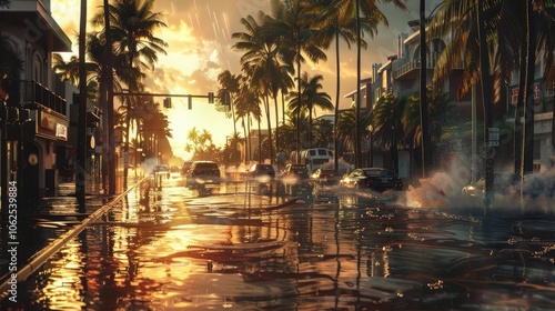 Las Olas Blvd floods and palm trees blow in the hurricane winds.