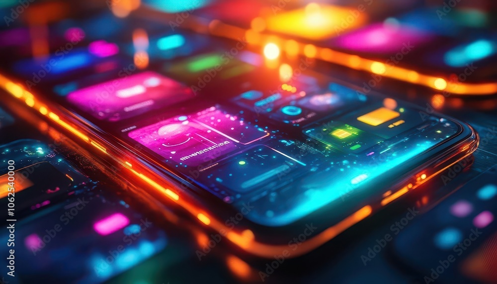 Mobile technology interface with vibrant colors, sleek design, soft lighting, modern tech style, high contrast Mobile technology interface with vibrant colors, sleek design, soft lighting, modern tech style, high contrast