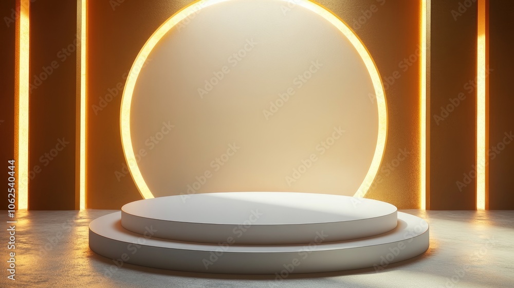 Two-Tiered White Pedestal Against a Golden Background with Circular Neon Lights Two-Tiered White Pedestal Against a Golden Background with Circular Neon Lights