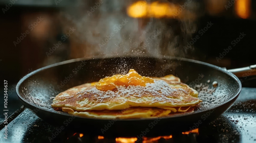 Pancake being cooked in the pan Pancake being cooked in the pan