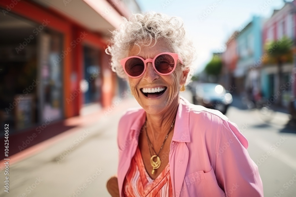Portrait of happy senior woman in pink sunglasses on the city street Portrait of happy senior woman in pink sunglasses on the city street