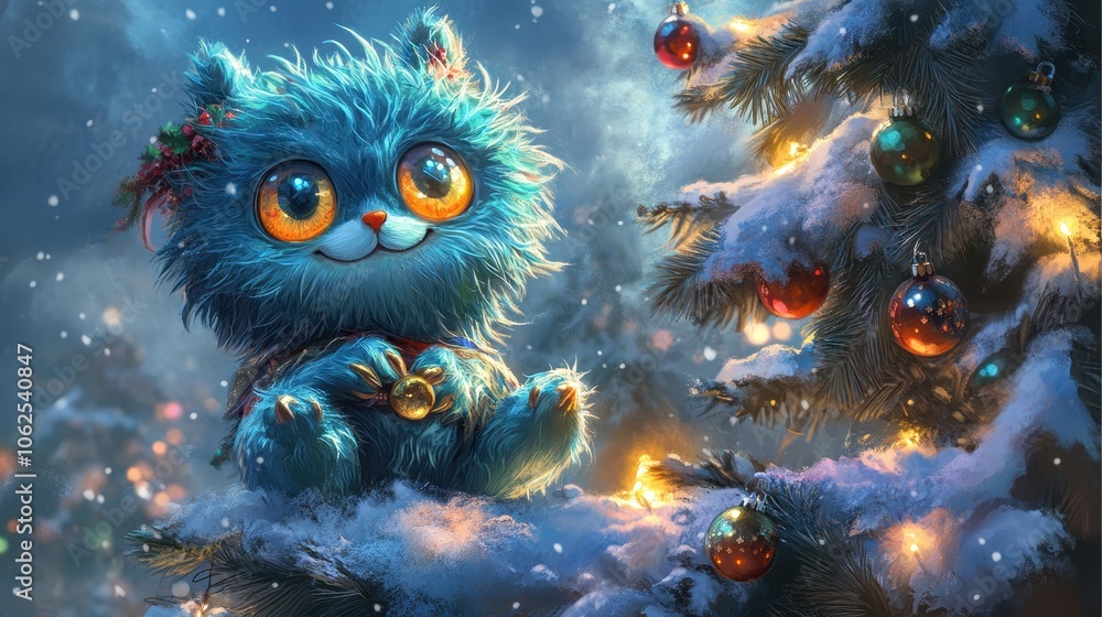 Cute and Adorable fantasy monster. Christmas illustration photo portrait with a beautiful christmas tree with ornaments and winter themed background Cute and Adorable fantasy monster. Christmas illustration photo portrait with a beautiful christmas tree with ornaments and winter themed background