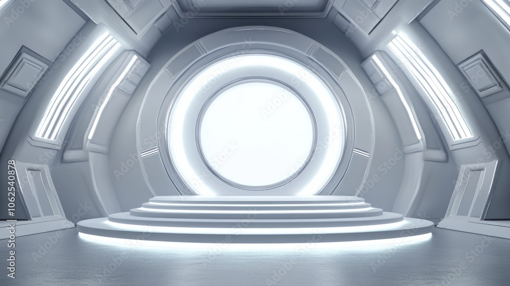 Futuristic White Room with Circular Platform and Glowing Portal Futuristic White Room with Circular Platform and Glowing Portal