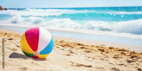 Colorful Beach Ball Bouncing on a Sandy Shore with Ocean Waves, Capturing the Fun of a Beach Day