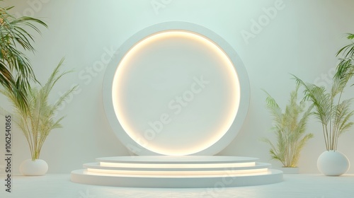 White Circular Platform with Palm Plants and Glowing Ring