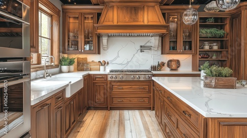 This kitchen blends contemporary design with natural elements, featuring white marble countertops and wooden cabinetry