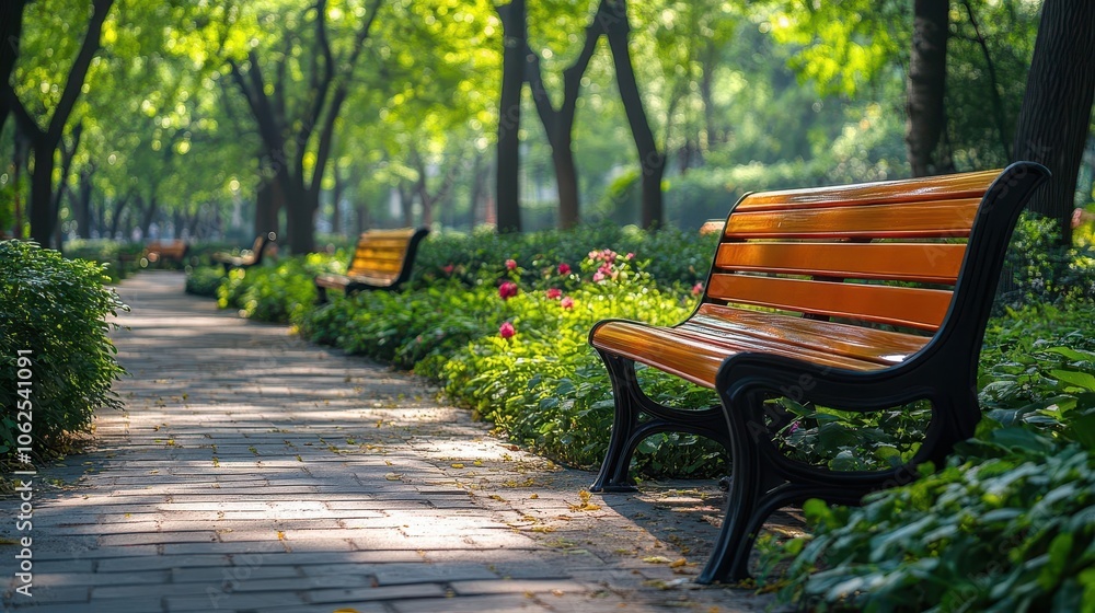 Public park design with vibrant benches and greenery, soft natural lighting, modern cityscape, cozy atmosphere Public park design with vibrant benches and greenery, soft natural lighting, modern cityscape, cozy atmosphere