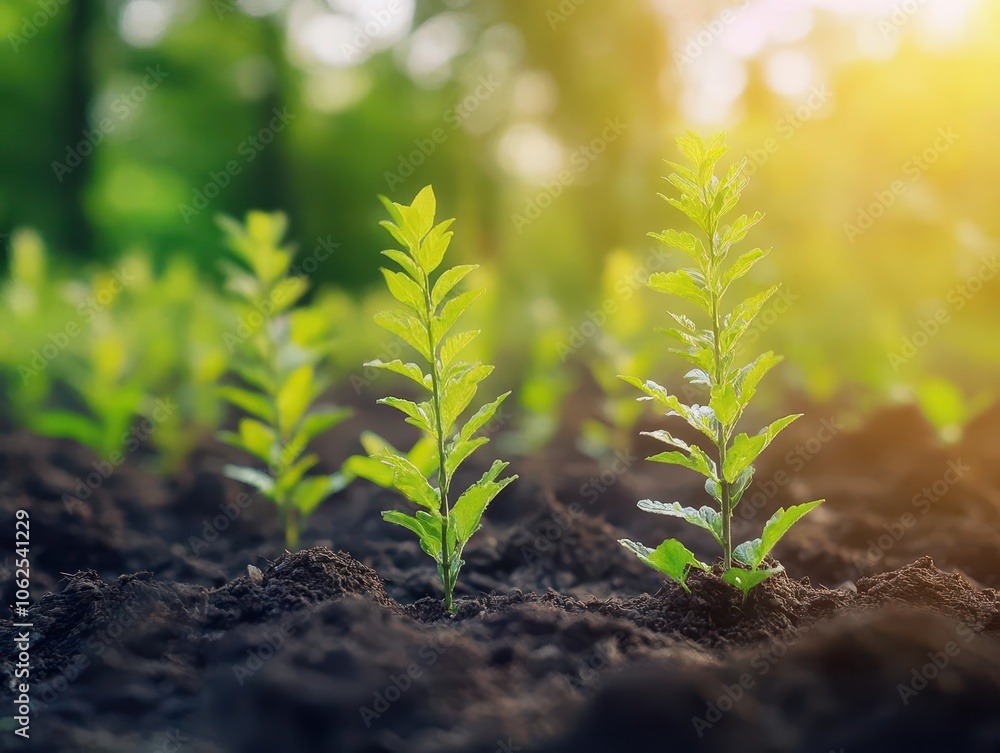 Reforestation project with vibrant young trees, soft natural lighting, dynamic movement, eco-conscious atmosphere Reforestation project with vibrant young trees, soft natural lighting, dynamic movement, eco-conscious atmosphere