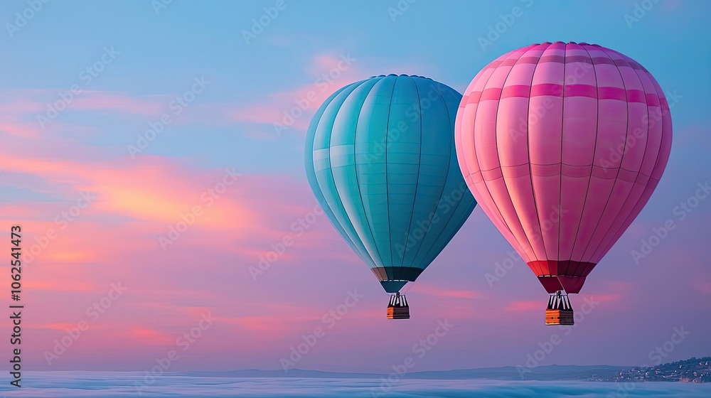 Obraz premium Colorful hot air balloons floating in a pastel sky at sunset.