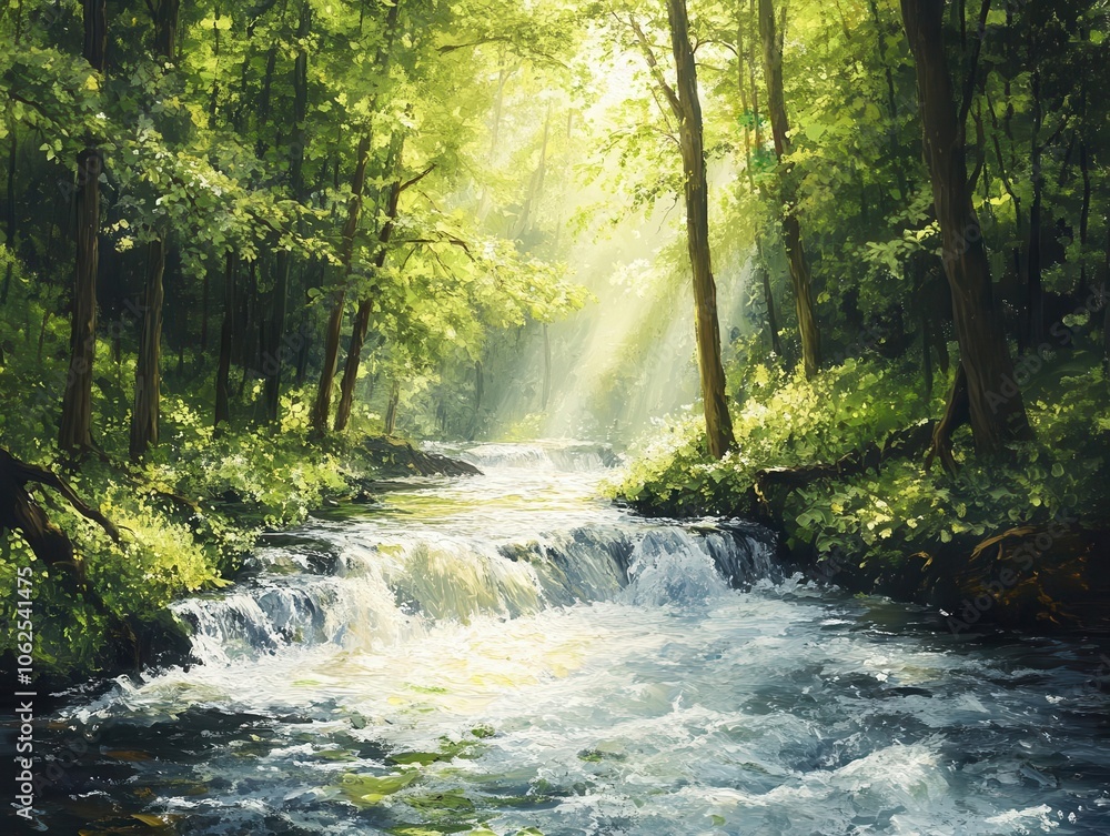River flowing through forest with vibrant greenery, soft lighting, dynamic movement, serene atmosphere, realism River flowing through forest with vibrant greenery, soft lighting, dynamic movement, serene atmosphere, realism