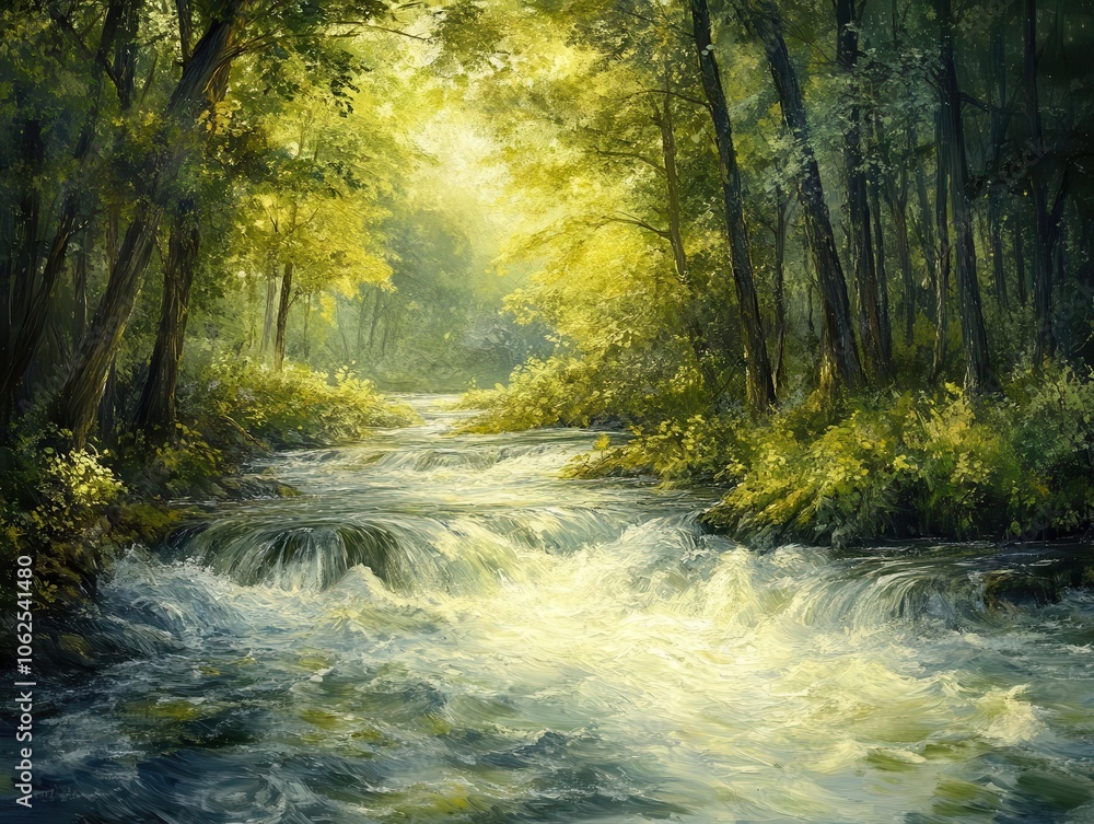 River flowing through forest with vibrant greenery, soft lighting, dynamic movement, serene atmosphere, realism River flowing through forest with vibrant greenery, soft lighting, dynamic movement, serene atmosphere, realism
