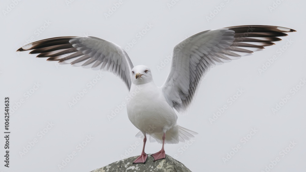 Obraz premium Seagull in Flight with Outstretched Wings Displaying White Feathers