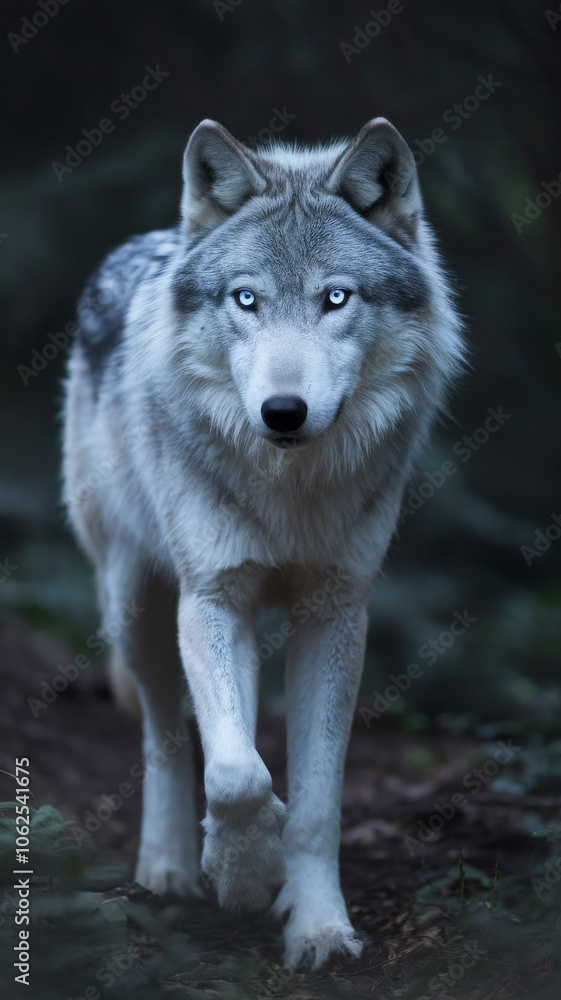 Gray wolf in forest with intense gaze. Wildlife animal photography in a forest setting. Gray wolf in forest with intense gaze. Wildlife animal photography in a forest setting.