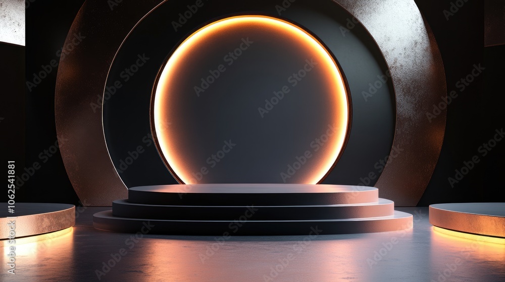 A Black and Gold Platform with a Glowing Circular Backdrop A Black and Gold Platform with a Glowing Circular Backdrop