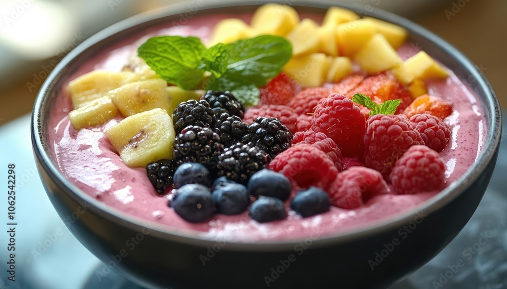 Smoothie bowl creation with vibrant fruits, sleek kitchen, soft lighting, clean design, healthy atmosphere Smoothie bowl creation with vibrant fruits, sleek kitchen, soft lighting, clean design, healthy atmosphere