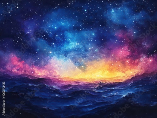 Starry night sky with vibrant colors, soft lighting, dynamic energy, serene atmosphere, high contrast, realism