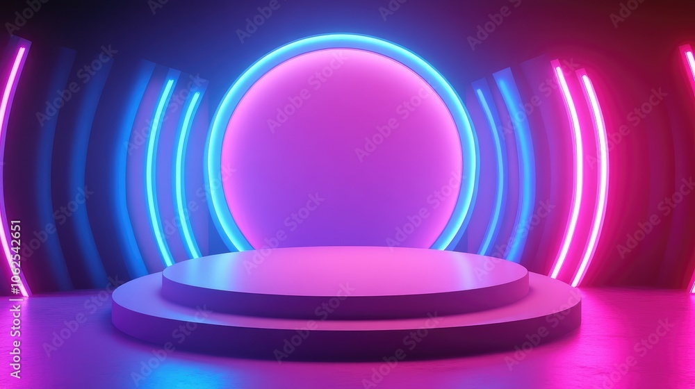 Obraz premium A circular stage with neon blue and pink lighting