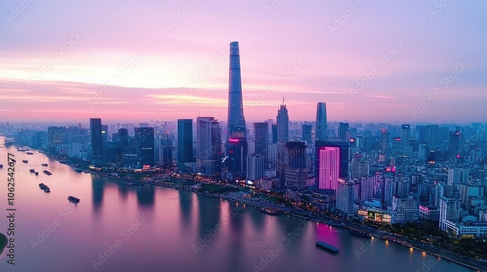 Skyline view of a modern city at dusk with vibrant colors and reflections on water. Skyline view of a modern city at dusk with vibrant colors and reflections on water.