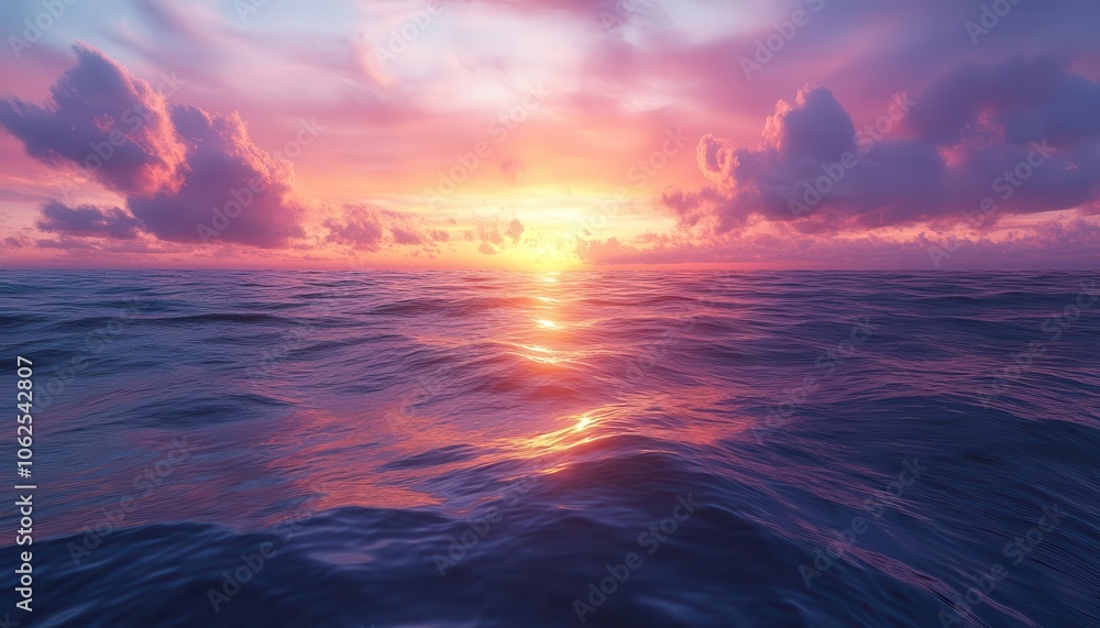 Fototapeta premium Sunset over the ocean with vibrant colors, soft lighting, serene atmosphere, dynamic sky, photo-realistic