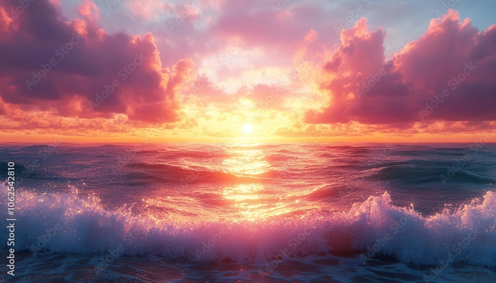 Fototapeta premium Sunset over the ocean with vibrant colors, soft lighting, serene atmosphere, dynamic sky, photo-realistic