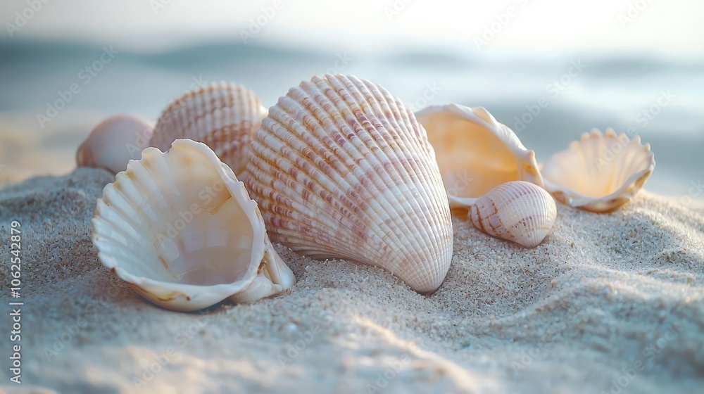 Various seashells scattered on a sandy beach, soft focus background. Various seashells scattered on a sandy beach, soft focus background.