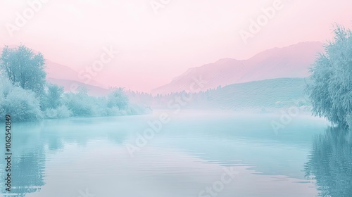 Serene landscape with pastel colors reflecting on a calm lake surrounded by gentle hills.