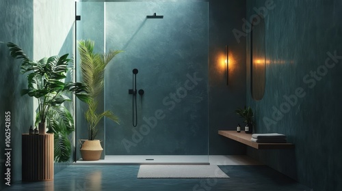 A bathroom with a green plant in a basket and a shower