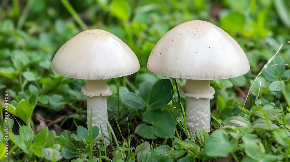 Two White Mushrooms Growing in the Grass Two White Mushrooms Growing in the Grass