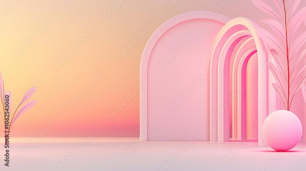 Abstract pastel architectural elements with soft gradients and foliage. Abstract pastel architectural elements with soft gradients and foliage.