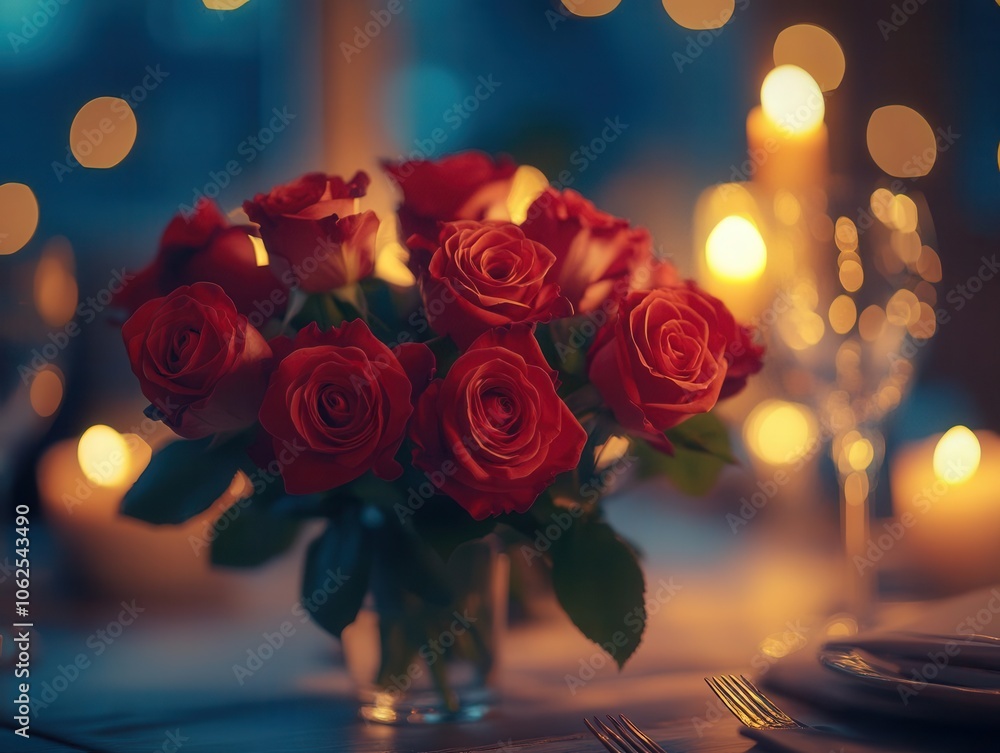 Valentine s Day dinner with vibrant roses, elegant table, soft lighting, romantic atmosphere, realism Valentine s Day dinner with vibrant roses, elegant table, soft lighting, romantic atmosphere, realism