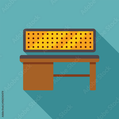 Waiting area bench with wooden legs and perforated metal backrest