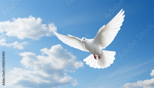 A white dove soaring against a bright blue sky with clouds.