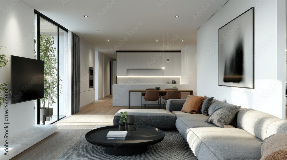 A living room with a black coffee table and a white couch A living room with a black coffee table and a white couch