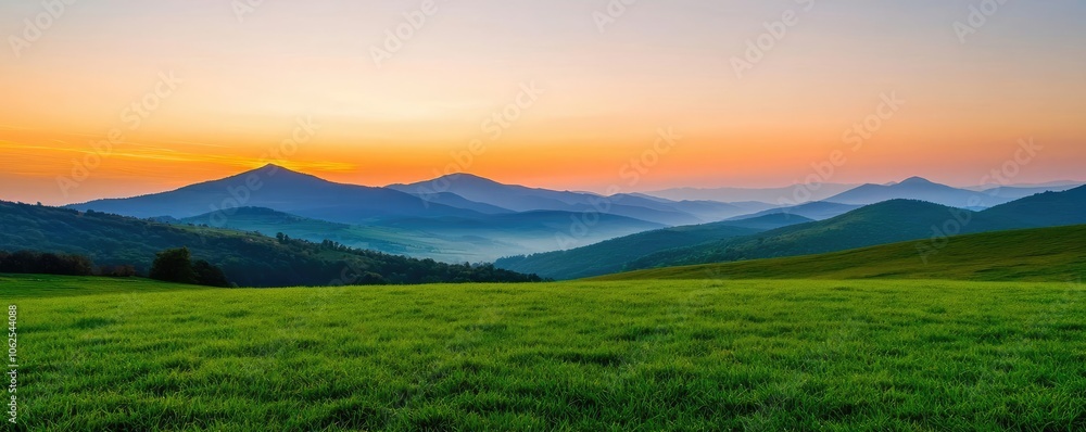 Stunning panoramic view of rolling hills and a colorful sunrise over the horizon. Stunning panoramic view of rolling hills and a colorful sunrise over the horizon.