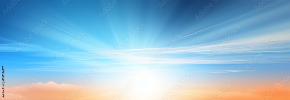 Bright sunrise with rays illuminating a clear blue sky. Bright sunrise with rays illuminating a clear blue sky.