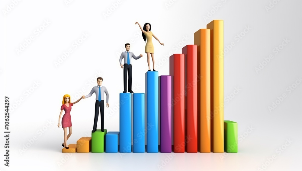 Business growth illustration with figures on a colorful bar graph. Business growth illustration with figures on a colorful bar graph.