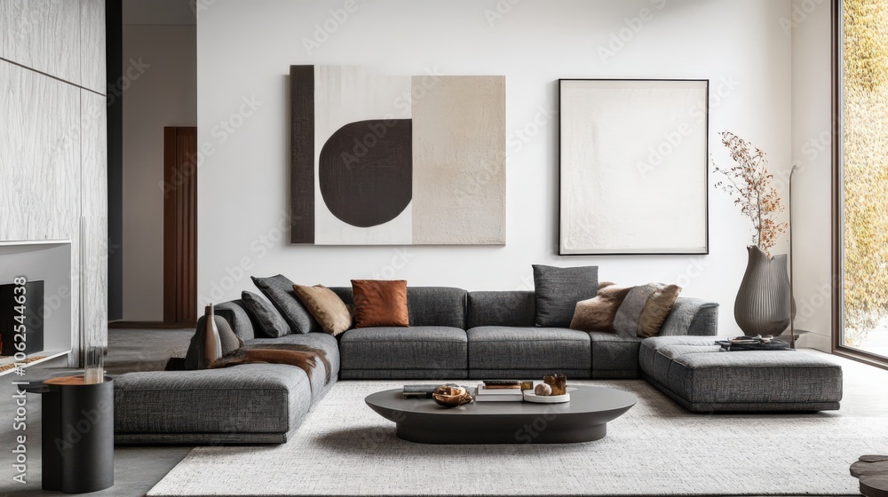 A living room with a large sectional sofa, a coffee table, and a fireplace A living room with a large sectional sofa, a coffee table, and a fireplace