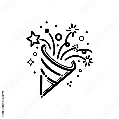 Celebration party poppers with confetti and stars scattering in the air