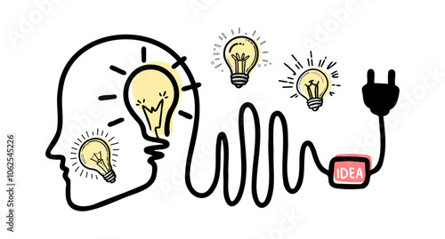 Creative concept of a minimalistic human head with a light bulb and plug symbolizing the flow of ideas and inspiration in a digital age